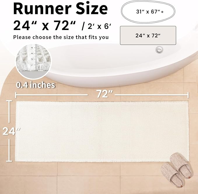 White Long Bathroom Rugs, Waffle Runner Bath Mat Non Slip Washable, Super Absorbent & Quick Dry, Boho Bath Mat Farmhouse Bathroom Decor, 24'' x 72'', White