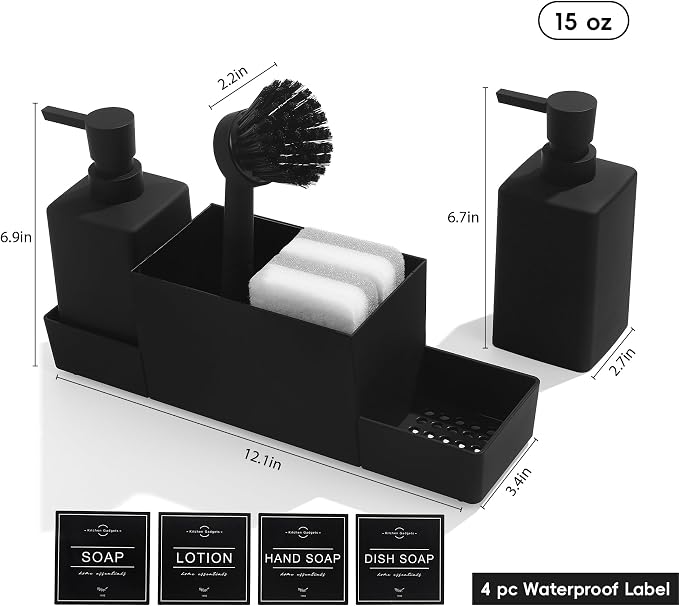 Kitchen Soap Dispenser with Sponge Holder Set for Sink Caddy, Hand Soap and Dish Soap Dispenser with Brush (Black)