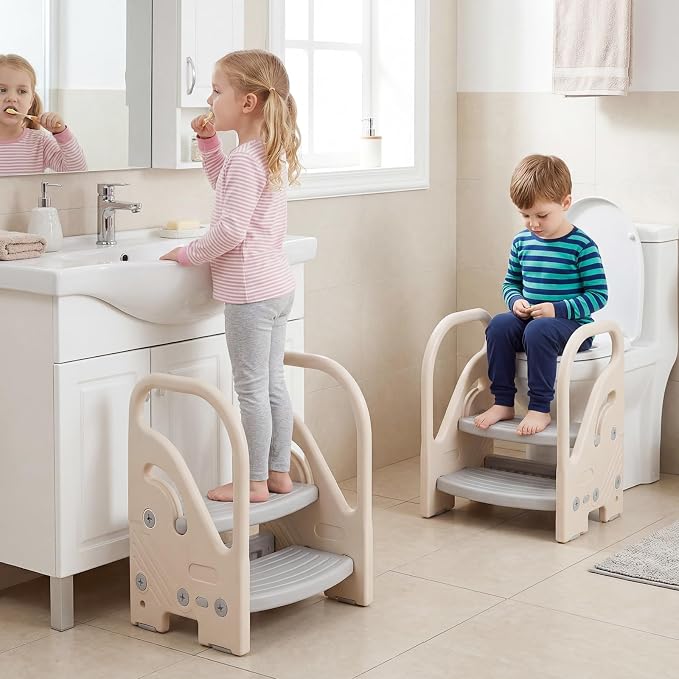 Costzon Toddler Step Stool for Bathroom Sink, Adjustable 2-Step Kids Helper Stool with Safety Handles & Non-Slip Pads, Convertible Plastic Ladder for Bedroom Kitchen Counter Potty Training, Grey