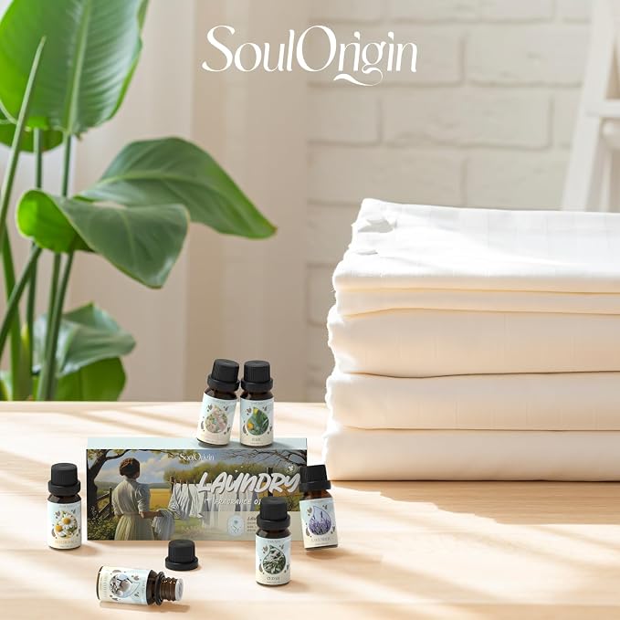 Soulorigin Laundry Fragrance Oils Set, Essential Oil for Diffuser, Aromatherapy Gift, Clean Scent Diffuser Oil, Use with Wool Dryer Balls,Chamomile, Fresh Cotton, Sage, Cedar, Lavender, Cherry Soap