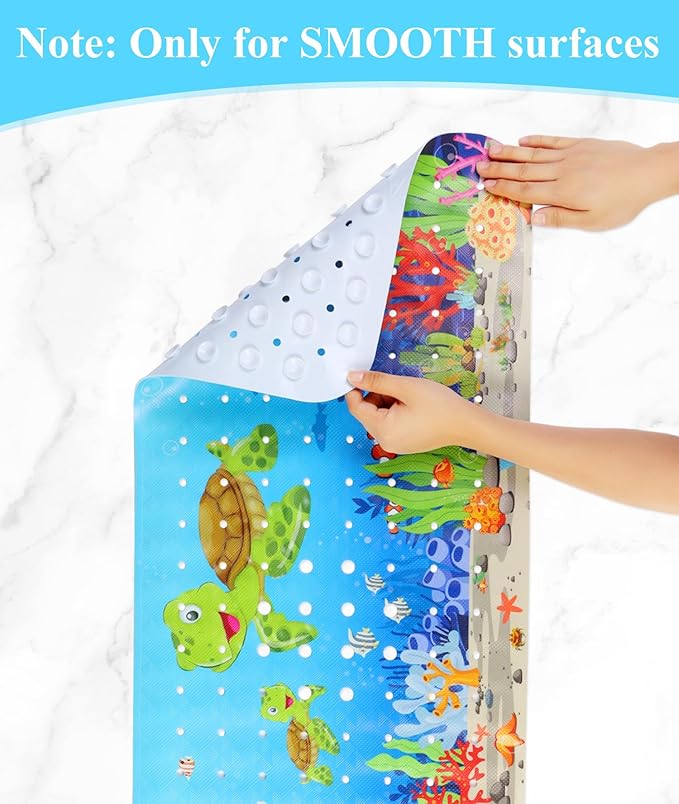 Secopad Bath Mat for Tub Non Slip, Machine Washable Anti-Slip Cartoon Baby Bathtub Shower Mat with Drain Holes and Suction Cups for Toddler & Kids (40 Inch x 16 Inch-Rectangular, Turtles) (Pack of 2)