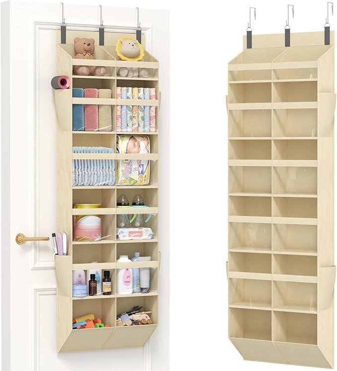 Lifewit 1 Pack Over the Door Organizer, 12 Section Clear Window Hanging Storage with 4 Side Pockets, Sturdy Anti Tilt 40 lbs Load Behind Door for Closet, Bedroom, Bathroom, Nursery, Dorm, Beige