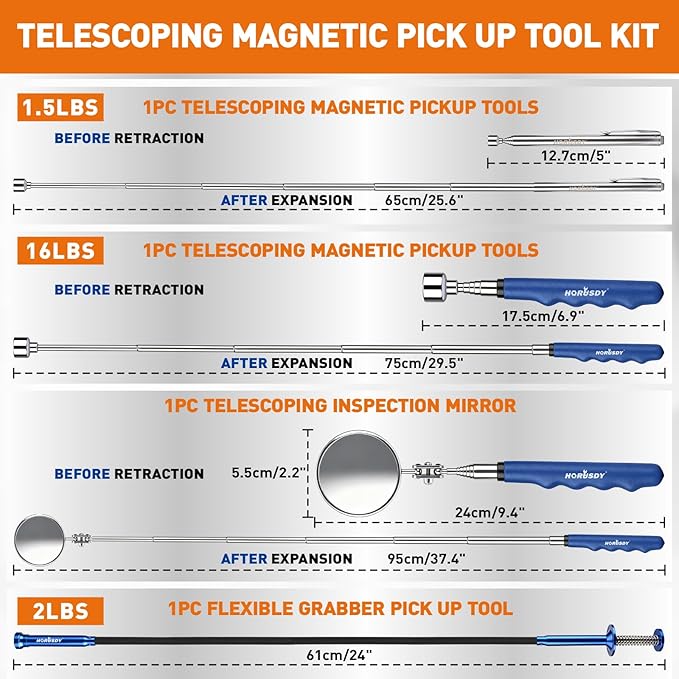 HORUSDY 4PCS Telescoping Magnetic Pick Up Tool Kit, Magnetic Sweepers Set with 360° Inspection Mirror, 2 Telescoping Magnetic Pickup Tools (5–25.6/6.9–29.5 in) & 24 in Flexible Claw Grabber