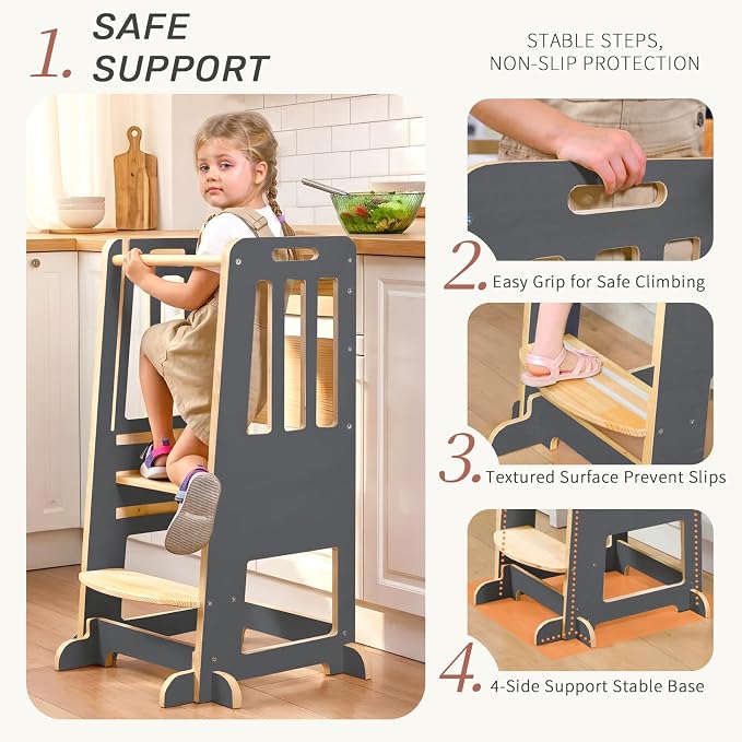 WINGYZ Toddler Tower - Anti-Tip Natural Wood Learning Stool Helper for Kids 18M-6Y, 150lb Capacity Kitchen Stool with 3-Height Adjustable Platform and Sliding Door Access, 20lb Portable Design, Black