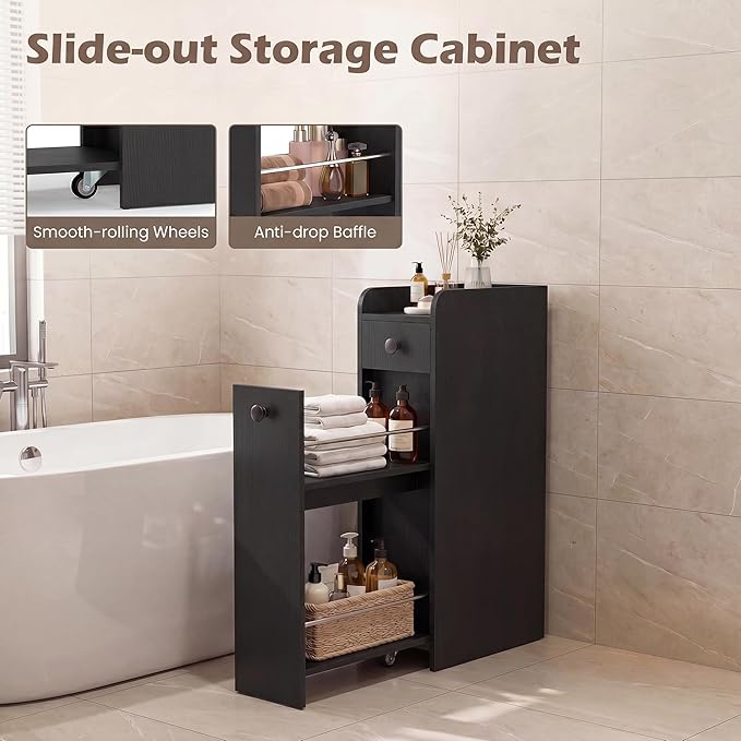 COSTWAY Slim Bathroom Cabinet, 7" Wide Space-Saving Storage with 2-Tier Slide-Out Drawer, Shelf & Toilet Paper Holder, Freestanding Narrow Organizer for Bathroom, Laundry & Small Spaces (Black)