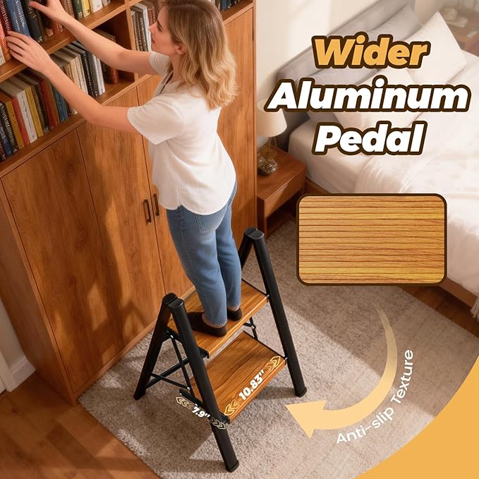 HBTower Step Ladder,Lightweight Aluminum Folding Step Stool with Anti-Slip Wide Pedal,330lbs Capacity Step Ladder for Household,Kitchen,Office - BlackWoodgrain