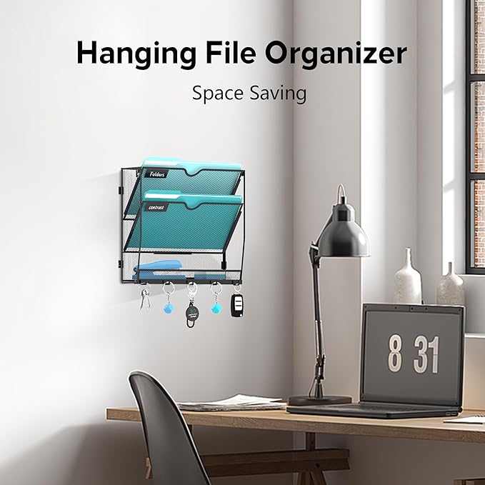 Wall File Organizer - Hanging File Organizer with 5 Hooks, Mail Holder Wall Mounted for Papers, Folders, Magazines, Bills, 3 Tier Office&School Organization, Black