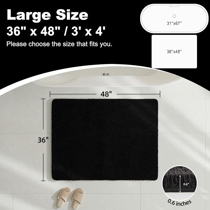 TYUU Large Bathroom Rugs, Ultra Soft Super Absorbent Bath Rugs Non Slip Washable Quick Dry Bath Mat with Rubber Backing for Bathroom Floor, Shower, or Sink, Black 3' x 4'