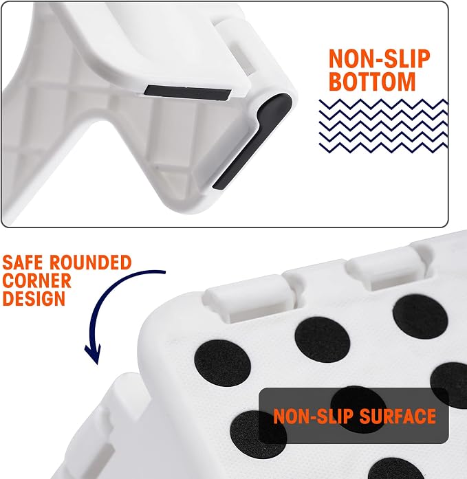 Korpai 9" Folding Step Stool for Adults and Kids Holds Up to 300 lbs,Non-Slip Folding Stools with Portable Handle, Compact Plastic Foldable Step Stool for Bathroom,Bedroom, Kitchen,White,1PC