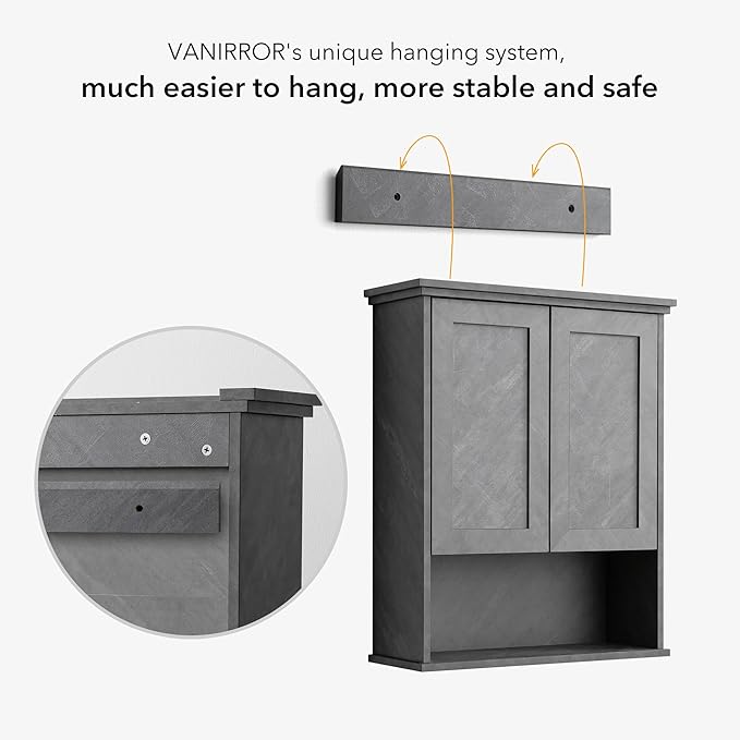 VANIRROR Bathroom Wall Cabinet Over Toilet Storage Cabinets 25x30 in Above Toilet Wood Medicine Cabinets for Bathroom Wall Mounted Cabinet with 2 Door & Adjustable Shelf Texture Grey