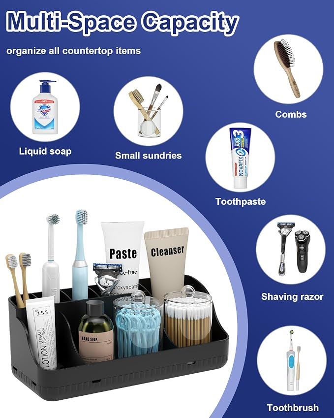 Bathroom Counter Organizer and Storage with 2 Pack Qtip Holder Dispenser, 7 Slots Detachable Toothbrush Holders for Bathrooms, Anti-Slip Electric Toothbrush and Toothpaste Holder Countertop