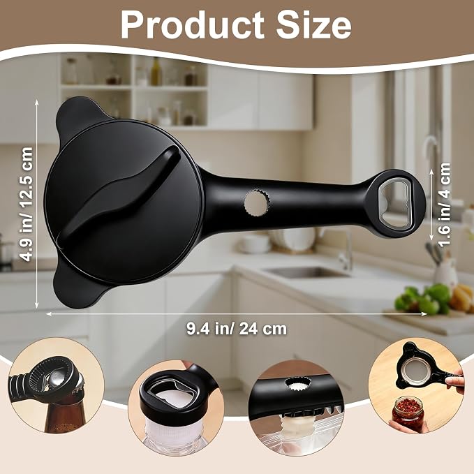 Multi-Functional 4-in-1 Jar Opener, Adjustable Stainless Steel Bottle Opener for Multi Size Jar Bottles with Ergonomic Non-Slip Handle Grip, Kitchen Helper for Seniors Weak Hands Arthritis