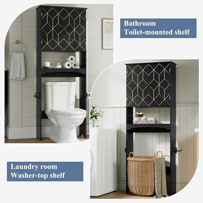 Gold Trim Over The Toilet Storage Cabinet, Double Doors Over Toilet Bathroom Organizer with Adjustable Shelves and Toilet Paper Holder, Modern Over Toilet Storage Cabinet for Bathroom (Black)