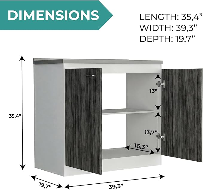 Tuhome Napoles Utility Sink Base Cabinet with Integrated Stainless Steel Countertop, Freestanding Cabinet with Double Doors, Interior Shelf for Laundry Room, Utility Room, Mudroom or Kitchen