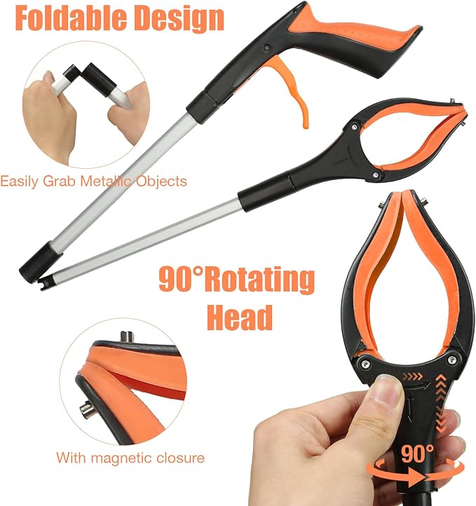 2-Pack Grabber Reacher Tool, 32" Foldable Reacher Grabber Pickup Tool with 90° Rotating Anti-Slip Jaw, Trash Picker Upper Grabber, Hand Grabber for Reaching, Grabbers for Seniors (Blue+Orange)