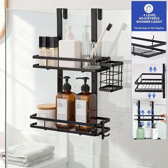 Over the Door Shower Caddy Hanging, Rustproof Shower Shelves with Waterproof Phone Pouch, 2-Tier Adjustable Bathroom Organizers and Storage, No Drilling Shower Shelf, Black Shampoo Soap Holder