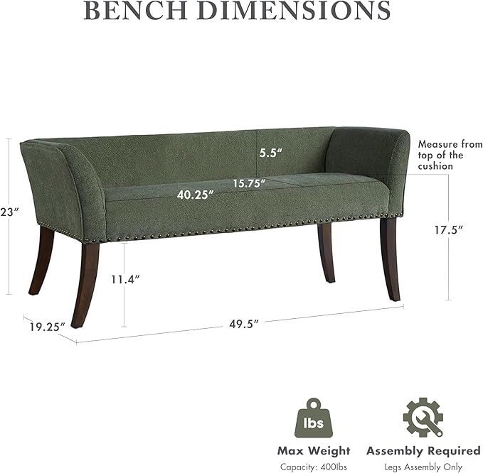 Madison Park Accent Bench, Plush Upholstered, Nailhead Trim, & Padded Seat Entryway Bench Small, End of Bed Bench with Back, 49.5" W x 19.25" D x 23" H, Green
