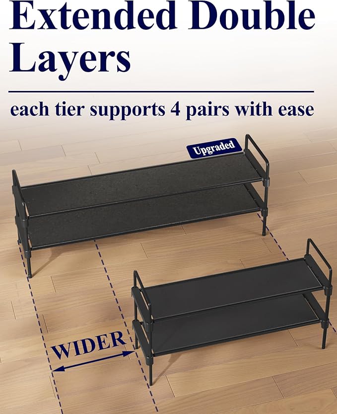 Kitsure Shoe Rack for Closet, Shoe Organizer for Front Door Entrance, Stackable Shoe Shelf, Detachable Closet Organizers and Storage, 36.1" Wide - 2 Tiers, Black