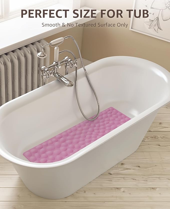 Bligli Bathtub Mat Non Slip, 16x40 inch Extra Long Bath Tub Mat with Strong Suction Cups, Soft Rubber Bathroom Floor Mat, Machine Washable, 100% BPA Free (Pink)