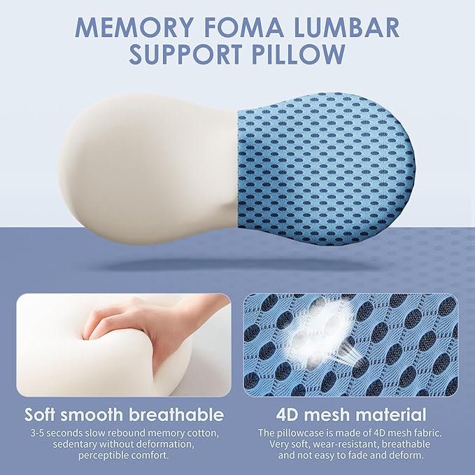 kasney Lumbar Support Pillow, Back Pillow for Low Back Pain Relief, Ergonomic Streamline Car Seat, Office Chair, Recliner and Bed (Blue)