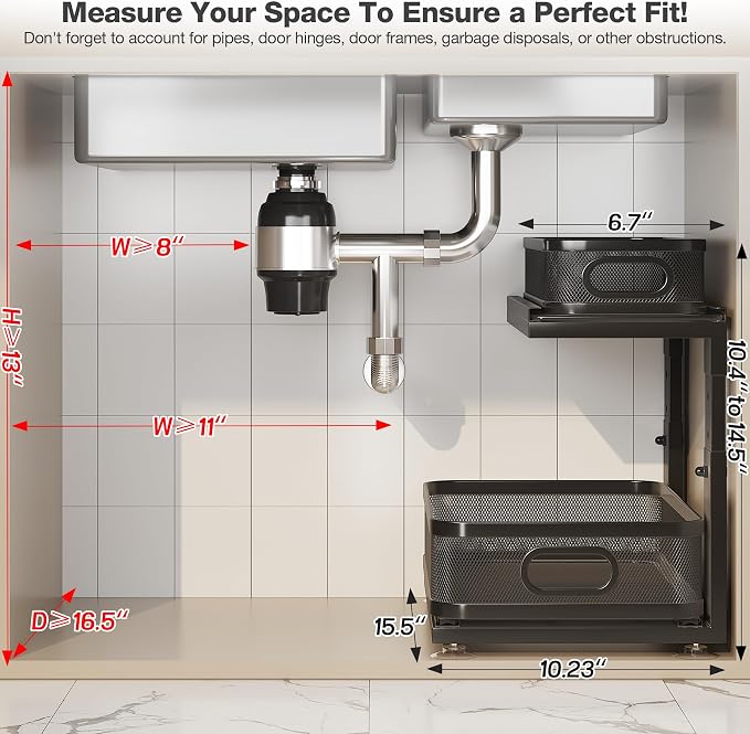 1 Pack 15IN-Depth Under Sink Organizer with Next-Gen Ball-Bearing Slides,2-Tier Precision Mesh Pull Out Cabinet Storage for Bathroom&Kitchen,Height Adjustable Drawers Shelf,Anti-Rust-Black