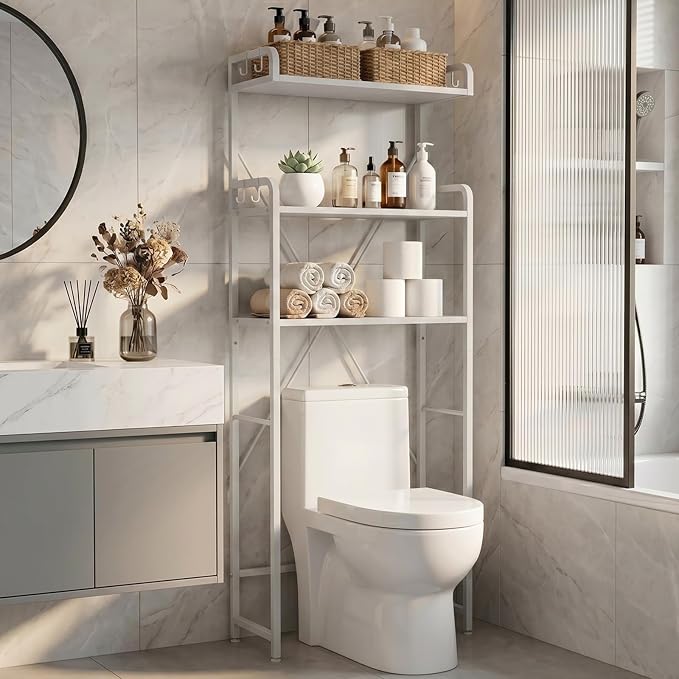Over The Toilet Storage Cabinet, 3-Tier Bathroom Organizers and Storage with Hooks, Freestanding Shelf Toilet Rack, Small Bathroom Laundry Space Saver with Towel Rack & Toilet Paper Holder(White)