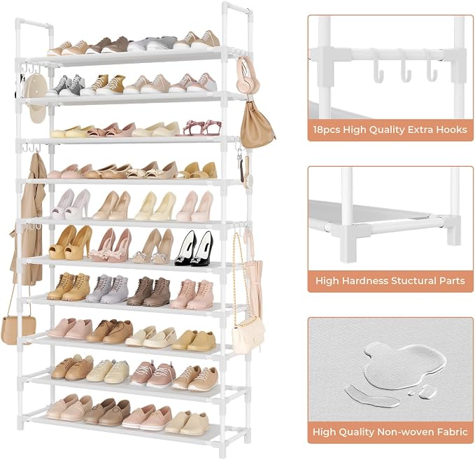 LANTEFUL Tall Shoe Rack 10 Tier Shoe Organizer Large Shoe Shelf with 18 Hooks Storage for 50 Pair Sneaker and Boot, Stackable Vertical Shoe Rack Organizer for Closet, Entryway, Bedroom, White