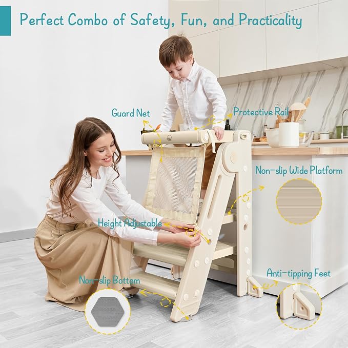 Forbena Collapsible Montessori Learning Standing Tower for Toddlers, Foldable Toddler Kitchen Stool Helper, Adjustable Plastic Kids Children Stepping Stool for Counter Bathroom Sink (Apricot)