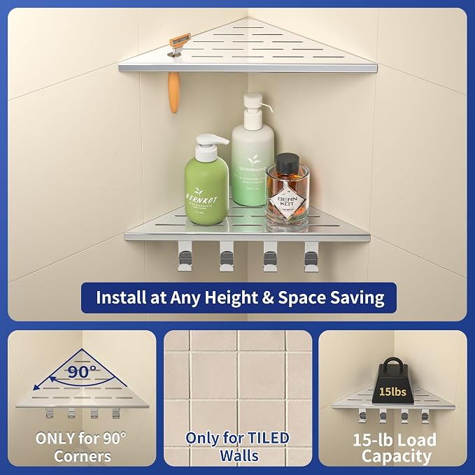 Corner Shower Shelf w/Hooks, Grout in Bathroom Shelves for Tiled Wall, 304 Stainless Steel Recessed Shower Shelf (Polished, 10''-2pcs)