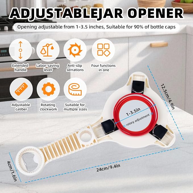 4 in 1 Multi-Purpose Jar Opener,Adjustable Three Claw Bottle Opener with Non Slip Teeth,Multi Size Lid Tool for Jars Cans Wine Bottles, Opening a Stubborn Lid