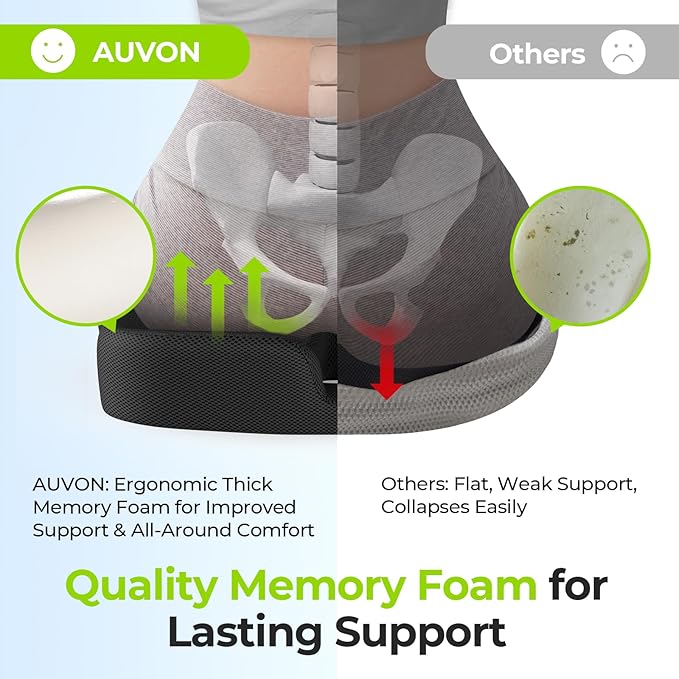 AUVON Ergonomic Donut Pillow Seat Cushion for Hemorrhoid & Tailbone Pain Relief, Thick Memory Foam Chair Cushion with Firm Support for Coccyx, Sciatica, Pressure Sores, Pregnancy, Postpartum Recovery