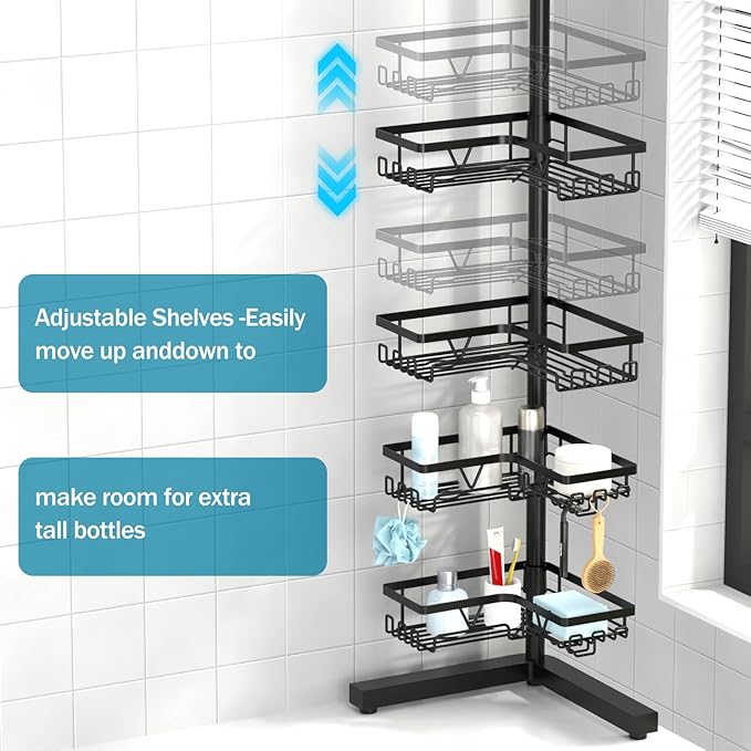 KEGII Floor Shower Caddy Standing – 4-Tier Corner Shower Organizer with Hooks & Soap Holder, Free-Standing Bathroom Storage Rack for Shampoo & Toiletries, Black