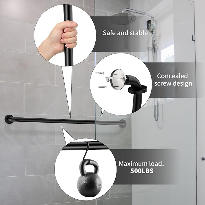2 Pack 40 Inch Black Shower Grab Bars, ZUEXT Stainless Steel Bathroom Wall Grab Bar Handle, Shower Balance Bar, Safety Hand Rail Support,Handicap Elderly Senior Assist Bath Grab Handle(1.25" Diameter)