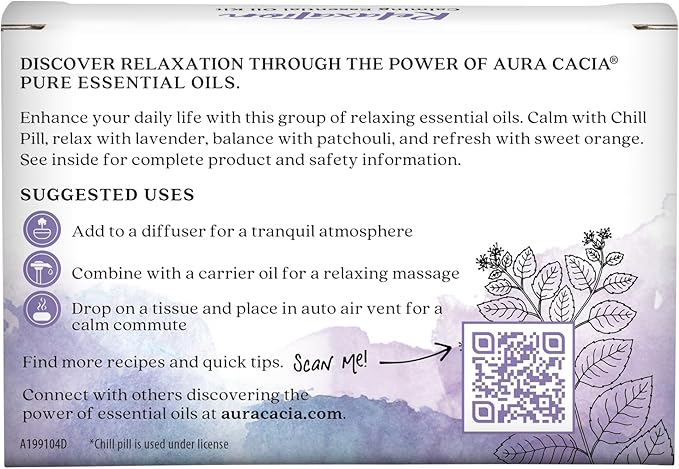 Aura Cacia Essential Oil Relaxation Kit, 4-Pack, Lavender, Patchouli, Sweet Orange, Chill Pill