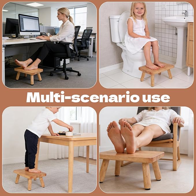 Small Wooden Step Stools 6” Non-Slip One Step Stool Holds 350 lbs, Heavy Duty Bathroom Stool Plant Stand Rectangular Footstool for Adult, Bedroom, Office, Nursery, Easy Assembly