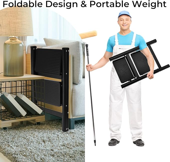 ZAVOOS 2 Step Ladder, Sturdy Folding Step Stool with Wide Anti-Slip Pedal, 330 Lbs Load Capacity Heavy Duty, Lightweight Portable Black Steel Ladder for Household, Kitchen, Office