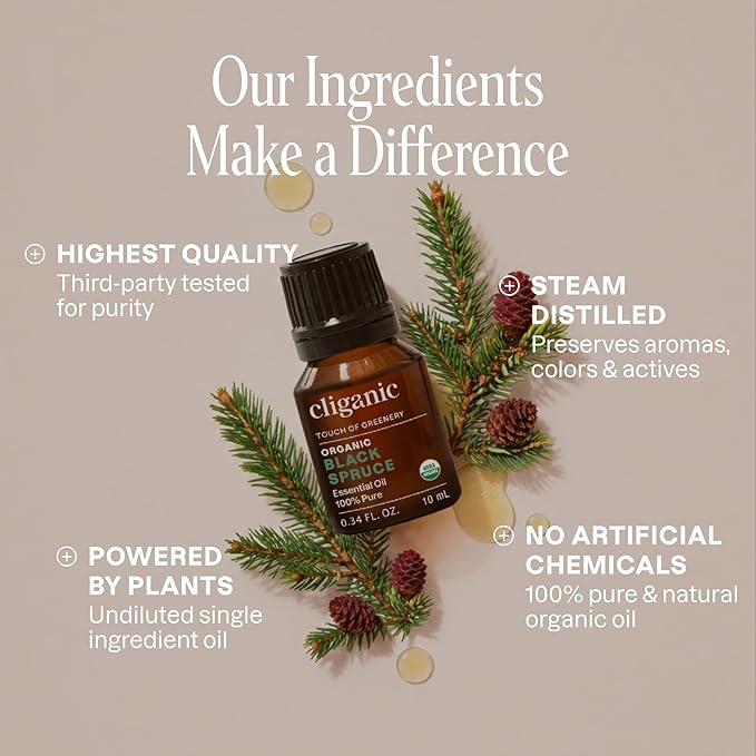 Cliganic Organic Black Spruce Aromatherapy Essential Oil - 100% Pure, Unrefined Diffuser Oil, USDA-Certified, Vegan, Centers & Grounds Emotions, Refreshes the Space