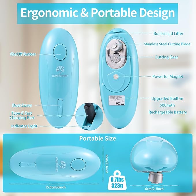 Can Opener Electric - Upgraded One-Touch Automatic, Smooth Edge, USB-C Rechargeable, Perfect for Seniors (Blue)
