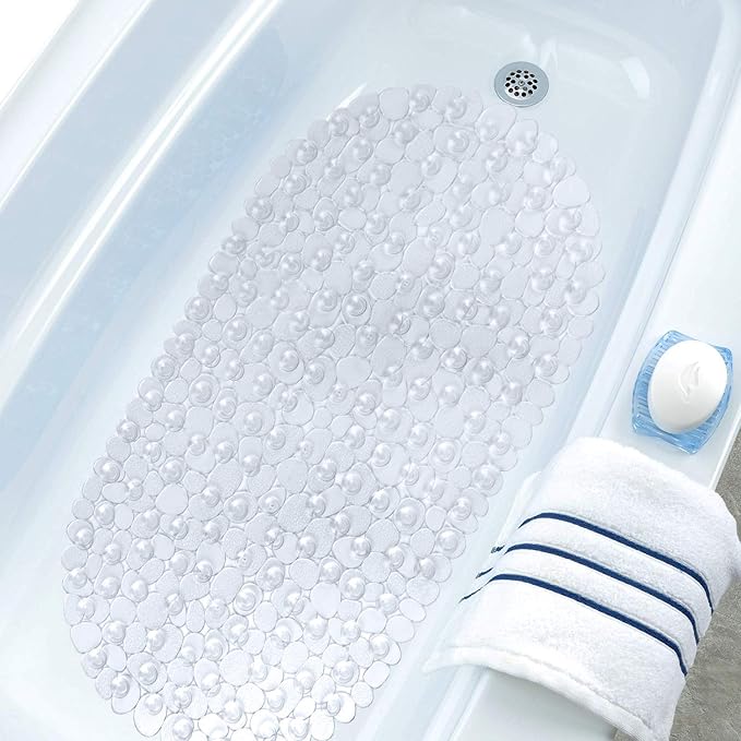 WELTRXE Pebbles Bath Mat Clear Non-Slip Bathtub Mat with Suction Cups, Drain Holes for Bathroom Showers, Tub, Machine Washable, BPA, Latex Free Safe Shower Mats, Oval 27 x 14 Inch