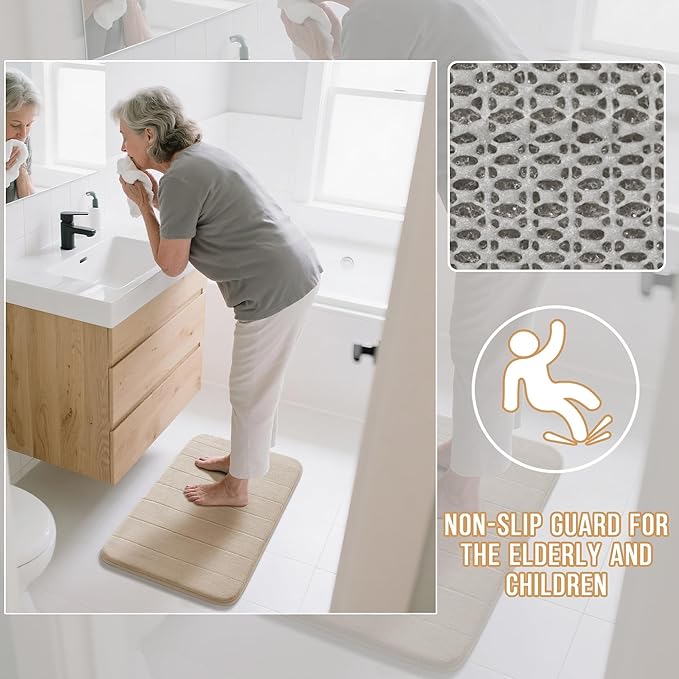 Yimobra Memory Foam Bath Mat Set 3 Pieces- Super Soft Absorbent Quick Dry Bathroom Rug Sets, Machine Washable Non Slip Floor Carpet for Tub Shower, Vanity & Toilet Base, Beige