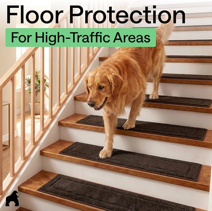GORILLA GRIP Peel and Stick Stair Treads for Wooden Steps, Multi-Surface Use, Machine Washable Carpet Runners, Indoor Rugs for Stairs, Pet Friendly, Universal Size, 4 Pack Brown, 8x28 Inches