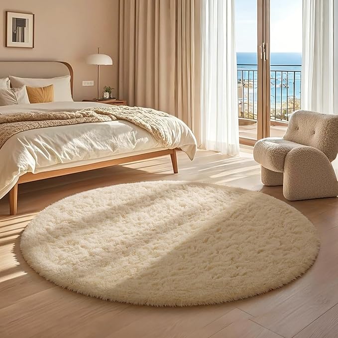 Ophanie Round Rug 4Ft Beige Circle Area Rug, Fluffy Fuzzy Small Bedroom Carpet, Plush Soft Shaggy Floor Living Room Circular Christmas Decor for Kids Boys Girls Home Aesthetic, Nursery, Classroom