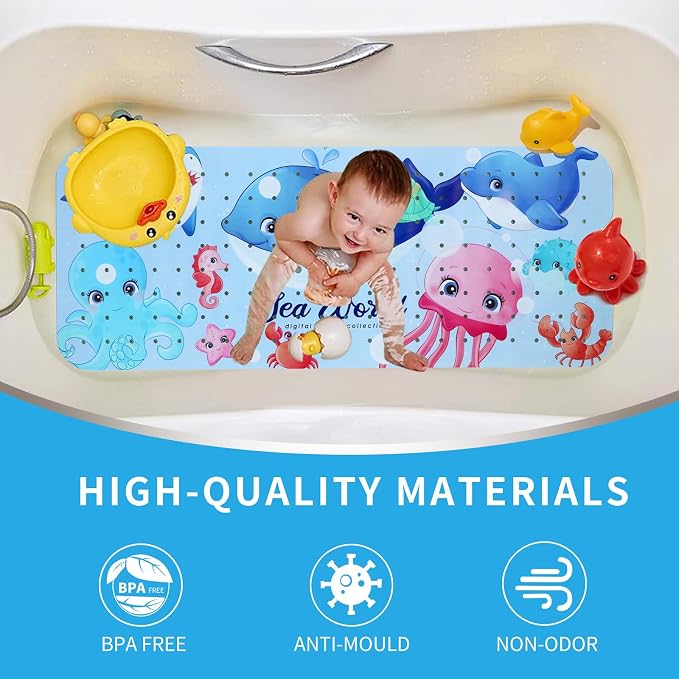Bath Tub Shower Mat Non Slip Kids Bathtub Mat Anti Slip Baby Bath Mat for Tub 40 x 16 Inch Extra Long Toddler Bath Mat with Suction Cups and Drain Holes for Bathroom Floor,Machine Washable,Big Whale