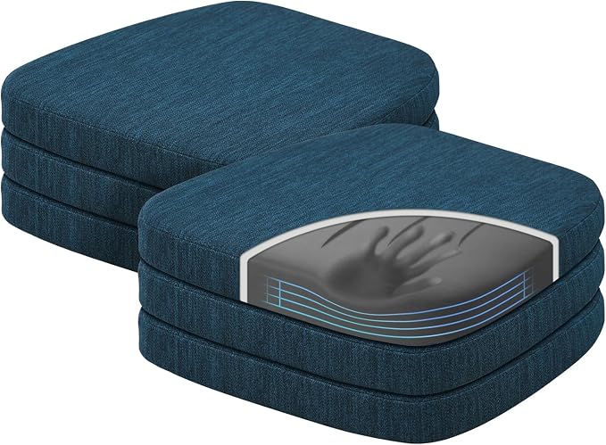 baibu Kitchen Chair Cushions Set of 6, Dual-Layer Patented Design Memory Foam Dining Chair Pads with Ties and Washable Cover, 6 Pack, 17" x 16" x 2", Blue