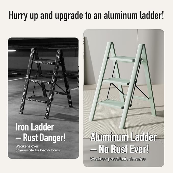 Mayi Plus 3 Step Ladder,Aluminum Folding Step Stool for Adults,Step Ladder with Wide Anti-Slip Pedal,330 lbs Capacity for Home,Office,Kitchen,Library(Green)