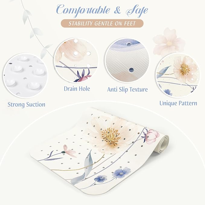 SHUCHING Watercolor Flower Bath Mat for Tub Non Slip-40 X 16Inch, Bathtub Mat Anti Slip for Women, Extra Long Shower Mat for Bathroom Mold Free, Machine Washable