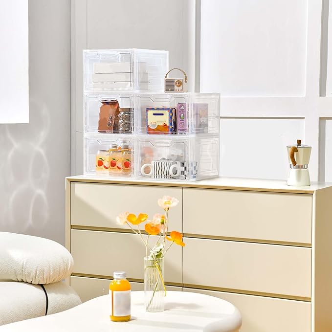 Freebat 10 Pack Closet Organizers and Storage,Clear Stackable Plastic Storage Bins with Lids Magnetic Doors,Clothes Organizers and Storage,Plastic Craft Containers for Wardrobe Kitchen Bathroom Office