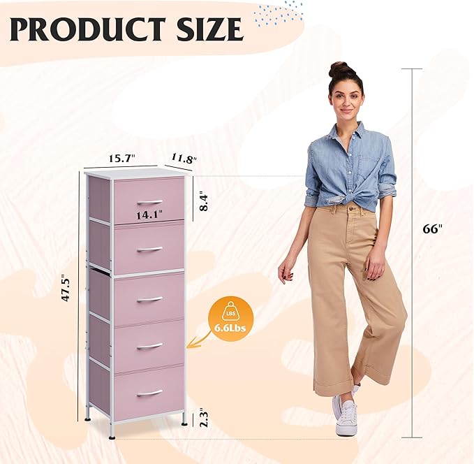 WLIVE Fabric Dresser for Bedroom, 5-Drawer Tall Dressers, Storage Organizer with Fabric Bins, Wood Top, Sturdy Steel Frame, Chest of Drawers for Closet, Hallway, Cloudy Pink