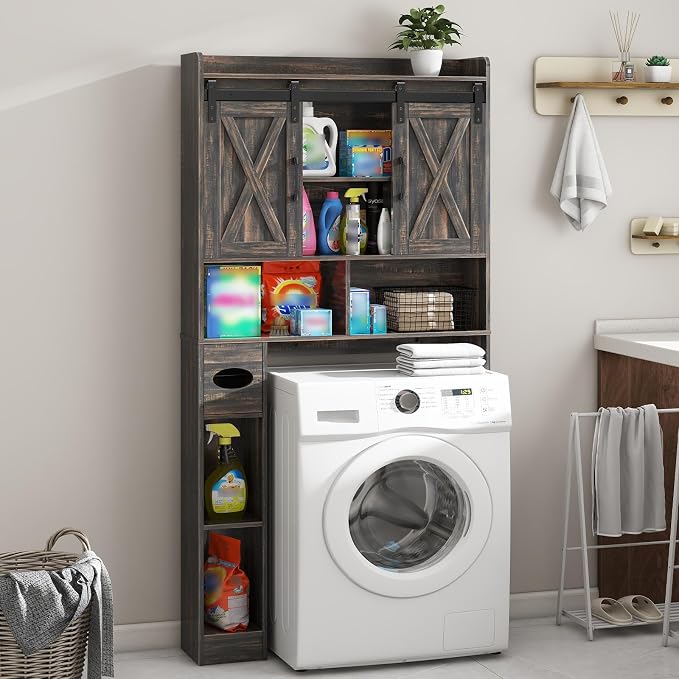 Vabches Over The Toilet Storage Cabinet, Farmhouse Storage Cabinet Over Toilet with Sliding Door& Toilet Paper Holder Stand，Home Space-Saving Toilet Rack, for Bathroom, Laundry and Restroom