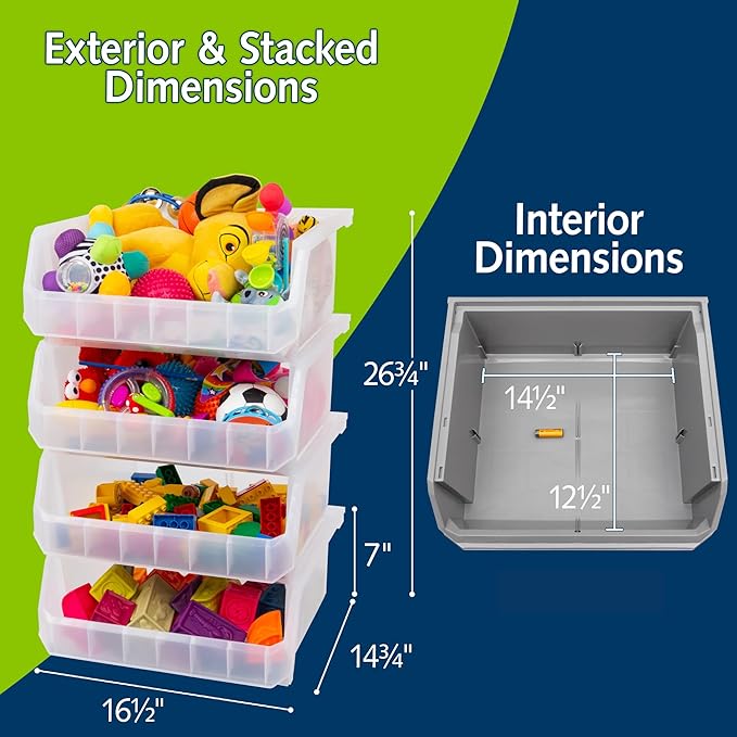 ReadySpace Extra Large Plastic Storage Bins, Stackable Organizer Containers for Closet Pantry Shelf Garage and Office Organization, Clear, 4 Pack